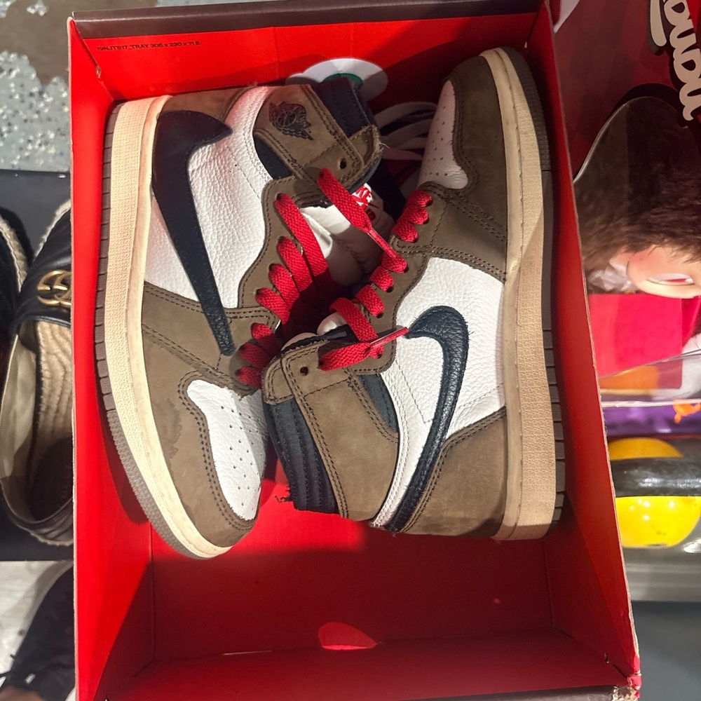 Air Jordan 1 High Top Sneakers - White, Brown & Black with Red Laces
